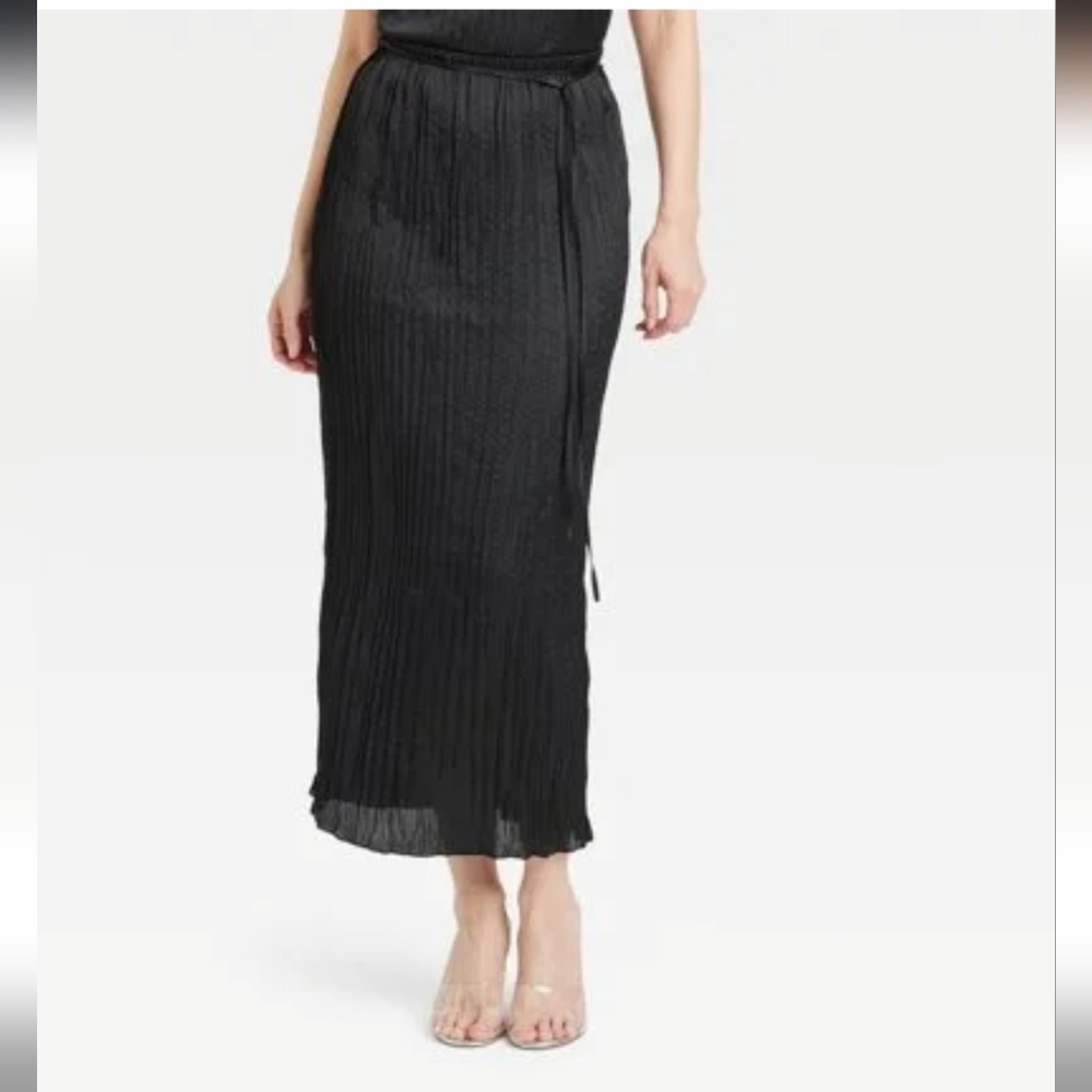 Women's Textured Crinkle Satin Midi Skirt - A New Day Black S